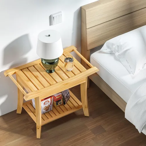 Vista 5 de Banco de ducha de bambú en el interior del taburete de ducha con estante de almacenamiento de espacio eficiente, sillas de baño de ducha, asientos
