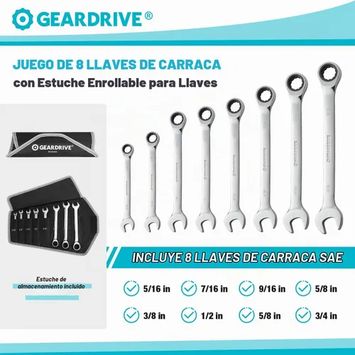 Vista 2 de Juego de llaves combinadas de trinquete, SAE, 8 piezas, 5/16" a 3/4", acero al cromo vanadio, con bolsa de transporte