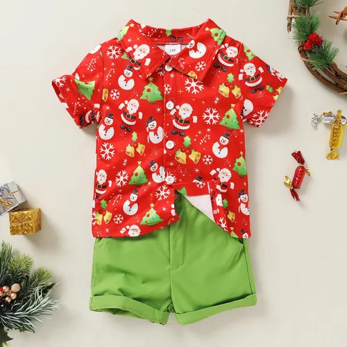 Vista 2 de JEELLIGULAR Conjunto de pantalones cortos y camisa con botones y estampado de Papá Noel para niños pequeños