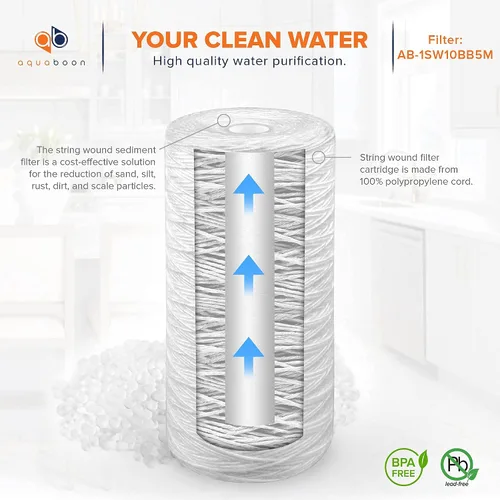 Vista 6 de Aquaboon Paquete de 4 cartuchos de repuesto de filtro de agua de sedimentos para heridas de cuerda de 5 micrones de 10 x 4.5 pulgadas y cartucho