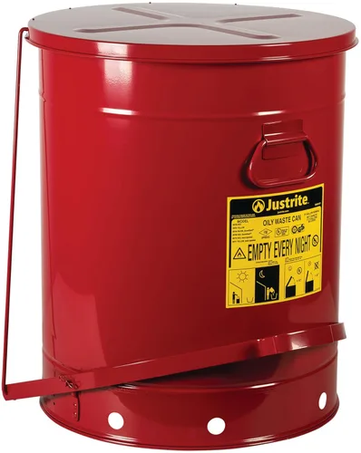 Vista 17 de Justrite Recipiente para desechos aceitosos de acero galvanizado de 10 galones, recipiente de seguridad metálico para trapos con aceite de 18 x 14