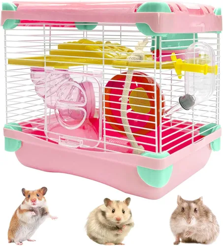 Vista 9 de Hamiledyi Jaula portátil para hámster de 2 niveles, hábitat de hámster enano, jaula de viaje para animales pequeños con rueda de ejercicio, recinto