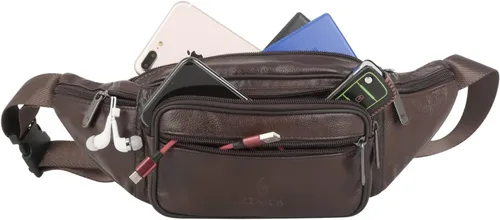 Vista 7 de ZZNICK Riñonera de piel auténtica, bolsa de cintura, organizador con cinturón ajustable, múltiples bolsillos para hombres y mujeres, café-861 Medio
