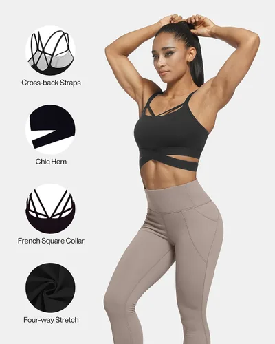 Vista 4 de Sujetadores deportivos para mujer, sexy, acolchado, con tirantes cruzados, sujetadores deportivos de línea larga, para entrenamiento, sin mangas