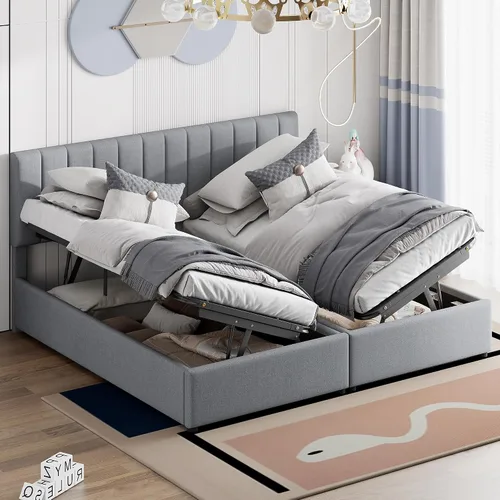 Vista 13 de Harper & Bright Designs Base de cama con plataforma de almacenamiento elevable de tamaño individual con cabecera capitonada de canal vertical Beige
