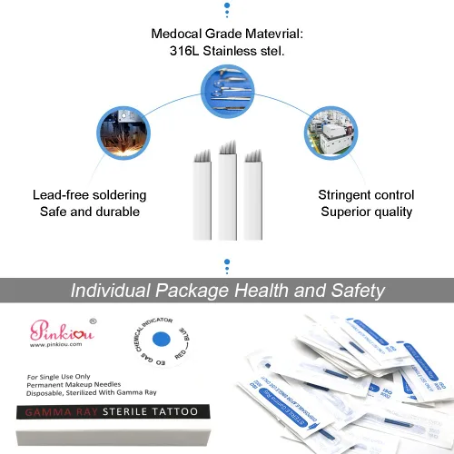 Vista 3 de Pinkiou Microblading Needles - Cuchillas para tatuaje de cejas para maquillaje permanente, 14 pines, suministros de microblade