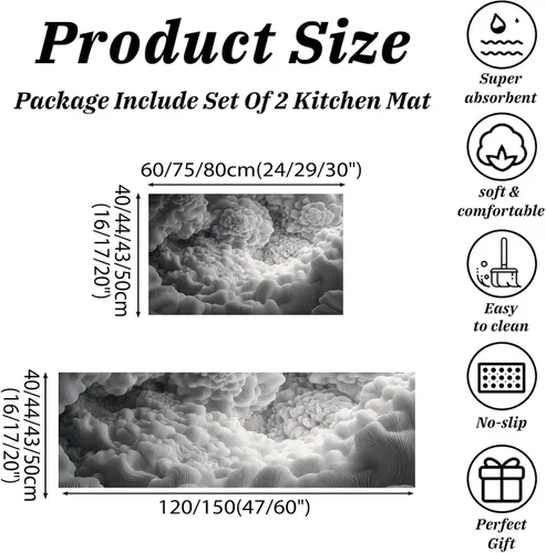 Vista 2 de Kitchen Mats for Floor 2 Piece Set 3D Abstract Cloud Sea Non Slip Kitchen Rugs Washable Retro Geometric Space Floor Mats Charcoal Gray Area Rug