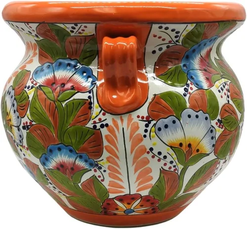 Vista 3 de Michoacana - Maceta mediana pintada a mano, para interiores y exteriores, multicolor Naranja