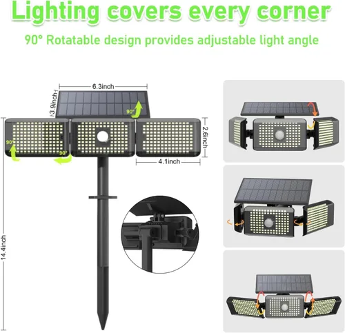 Vista 6 de Luces solares con sensor de movimiento, 3600 lúmenes, 260 luces LED solares con 2 opciones de instalación, 3 modos de iluminación, luz de seguridad