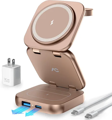 Vista 13 de Cargador inalámbrico 5 en 1 para MagSafe, estación de carga de viaje portátil AC ISLAND de 35 W, soporte magnético plegable rápido Qi2 de 35 W
