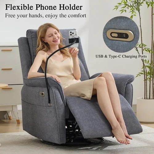 Vista 5 de Silla reclinable eléctrica con soporte para teléfono, mecedora giratoria resistente a los arañazos, mecedora mecedora mecedora para guardería, silla