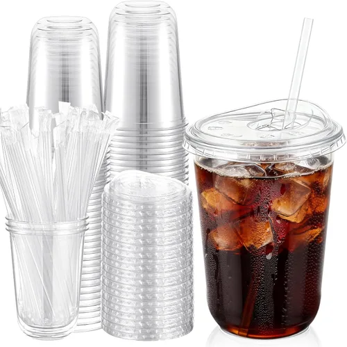 Vista 11 de Ziliny Paquete de 50 vasos de plástico transparente negro de 12 onzas con tapas y popotes, vasos desechables para mascotas, taza de café helado