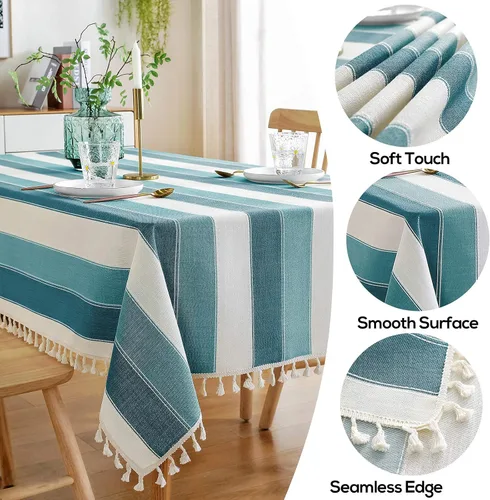 Vista 2 de AmHoo Mantel rectangular con borlas a rayas para mesa de cocina y comedor, 55 x 55 pulgadas, color verde azulado