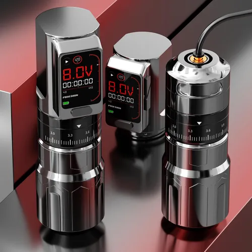Vista 7 de POSEIDON Pro - Kit de pistola de tatuaje de 7 tiempos de longitud con 2 baterías de 2300 mAh, fuente de alimentación Rca Jack, parte extra de agarre