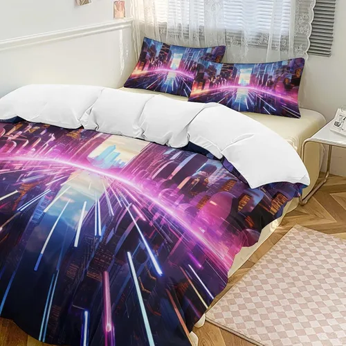 Vista 25 de Art Duvet Cover Full Size, Ultra Soft Microfiber Night Scenery Bedding Set, 3 Pieces City View Pattern Comforter Cover Set with Zipper Closure