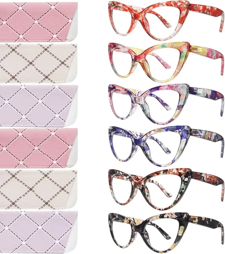 Vista 10 de Pack de 6 gafas de moda de ojo de gato para mujer con bloqueo de luz azul, bisagras de resorte extra grandes, lentes para computadora