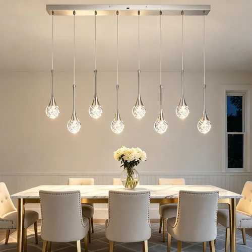 Vista 23 de Candelabro de 5 luces de cristal cepillado dorado, regulable, con forma de gota de lluvia, lámpara colgante en espiral ajustable de lujo