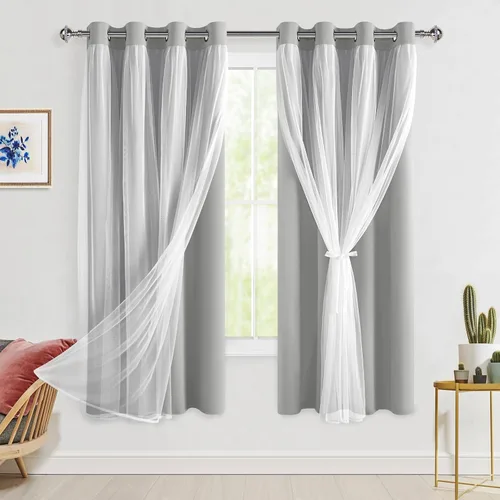 Vista 124 de Hiasan Cortinas opacas con superposición transparente, aislamiento térmico para mezclar y combinar de doble capa, cortinas de oscurecimiento de Beige
