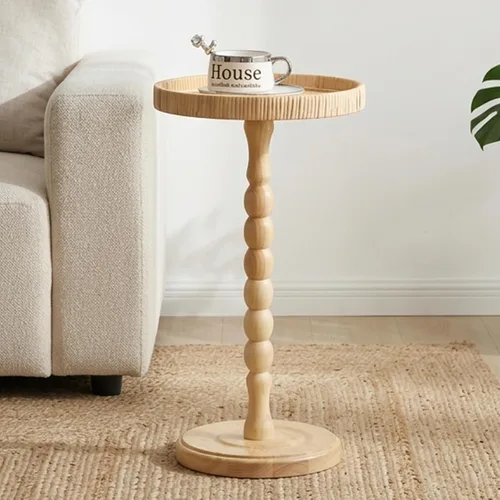 Vista 8 de Mesa pequeña para bebidas, mesa auxiliar redonda de ratán para espacios pequeños, mesa auxiliar bohemia con patas de madera maciza para sala
