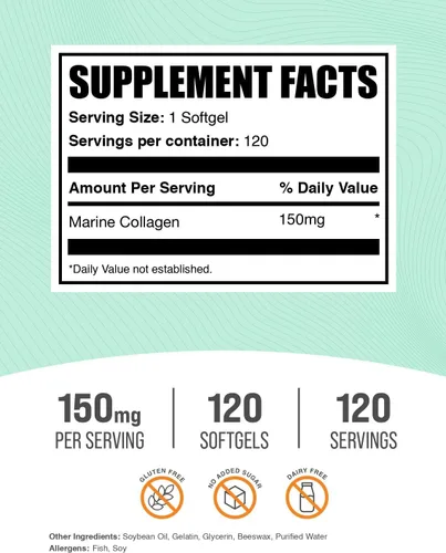 Vista 2 de BulkSupplements. com Marine Collagen Softgels - Suplemento de colágeno, colágeno para mujeres y hombres, 150 mg de colágeno, sin gluten, 1 cápsula