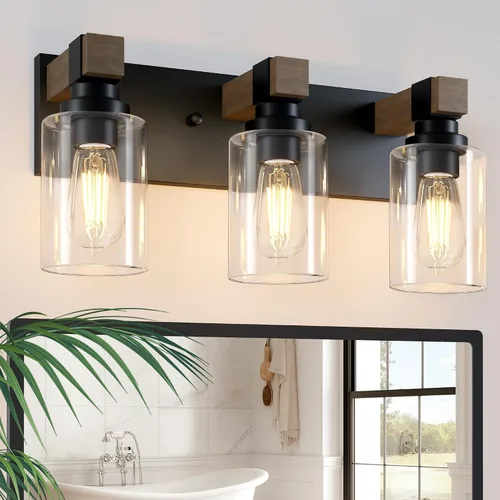 Vista 9 de Accesorios de iluminación de baño de granja, luces de tocador rústicas de 3 luces en madera para baño, iluminación de apliques de pared vintage