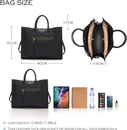Vista 3 de Bolso de mano para mujer, impermeable, de piel sintética, maletín de negocios, gran capacidad, bolso de hombro, bolsa de trabajo de oficina, negro