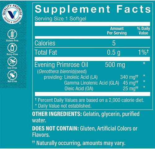 Vista 2 de The Vitamin Shoppe Aceite de onagra 500mg - GLA Omega-6 Balance hormonal femenino 120 cápsulas blandas Prensado en frío