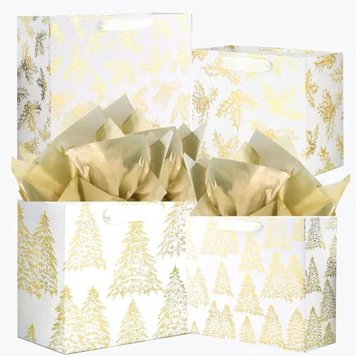 Vista 12 de UNIQOOO 12 bolsas de regalo de Navidad doradas metálicas a granel con etiqueta, grandes de 12.5 x 10.5 pulgadas, copos de nieve surtidos, renos