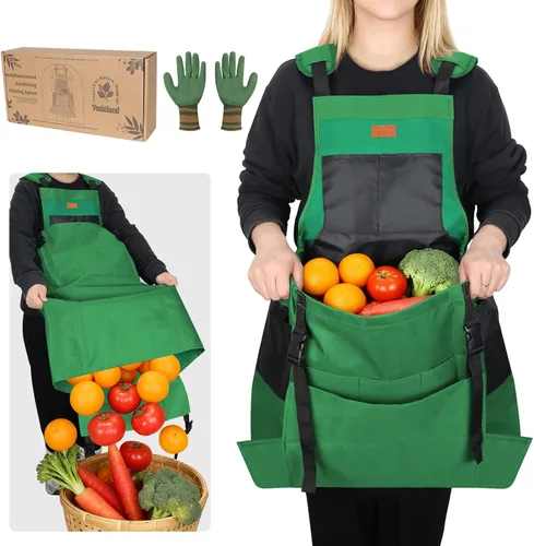 Vista 9 de Delantal de cosecha de jardín, delantal de jardinería con bolsillo inferior de liberación para mujeres y hombres, regalo de jardinería