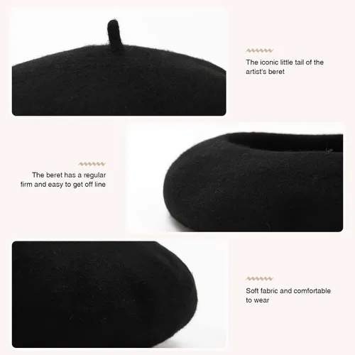 Vista 31 de Boina de lana francesa para mujer, gorra de invierno clásica de color sólido