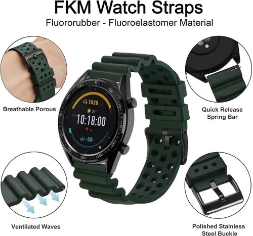 Vista 4 de WOCCI Correas de reloj de goma FKM ventiladas (no de silicona), correas de fluorogoma para relojes de buceo, liberación rápida, hebilla de acero