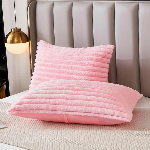 Vista 9 de Juego de 2 fundas de almohada para cama tamaño king, fundas de cojín rectangulares lumbares con diseño de rayas, forro de piel de conejo sintética