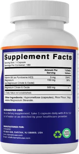 Vista 8 de Vitamatic Citrato de magnesio 500 mg por porción - 180 cápsulas vegetarianas (proporciona 150 mg de magnesio elemental) - B6 añadido para una máxima