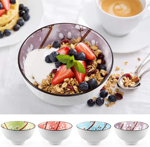 Vista 7 de Sakura Bowl - Tazones de cerámica de 10 onzas, juego de regalo de cuencos de colores surtidos para arroz, cereales, fideos, sopa, postres, paquete