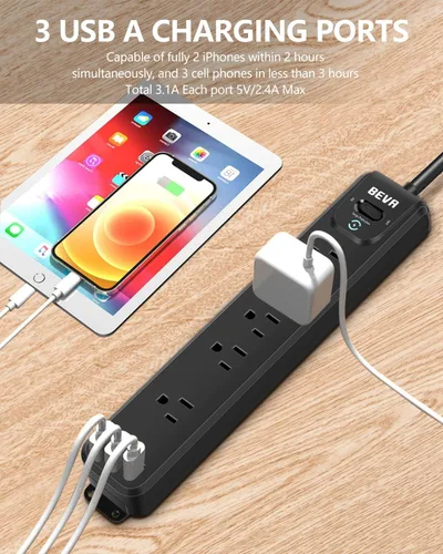 Vista 3 de Regleta protectora contra sobretensiones, 5 tomas ampliamente espaciadas, 3 puertos USB con cable de extensión resistente de 5 pies, enchufe plano