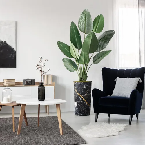 Vista 18 de Árbol artificial en macetero con efecto de granito moderno, palmera tropical areca artificial de seda para decoración del hogar en interiores