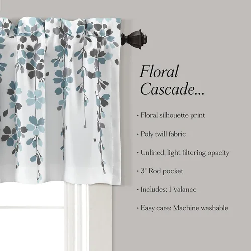 Vista 6 de Lush Decor Cenefa para ventana con flores que lloran, filtro de luz, azul y gris