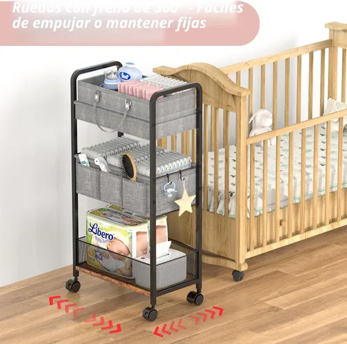 Vista 7 de LIDTOP Carrito de pañales 2 en 1 y carrito de pañales rodante de 3 niveles, carrito organizador de pañales con divisores, carrito móvil de metal