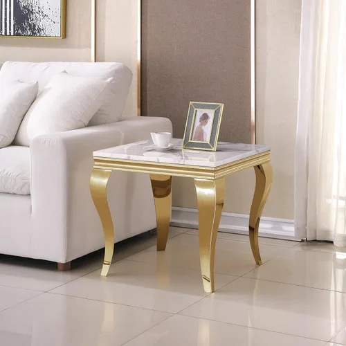 Vista 11 de Mesa de centro moderna, mesa central rectangular de mármol sintético blanco de 47 pulgadas, mesa de té de cóctel con acabado espejo dorado, base