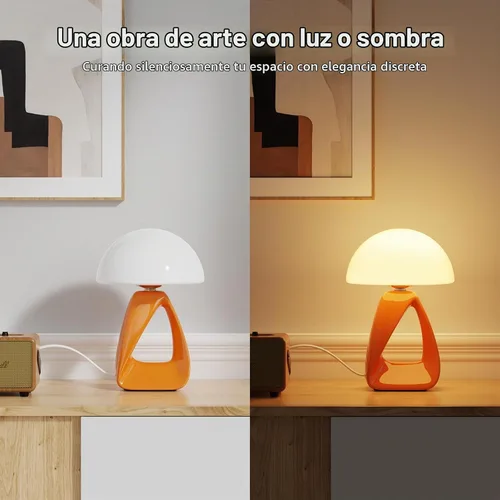 Vista 4 de Lámpara de hongo, pequeña lámpara de mesa para dormitorio, lámpara de noche creativa geométrica con base de cerámica, lámpara de mesa auxiliar