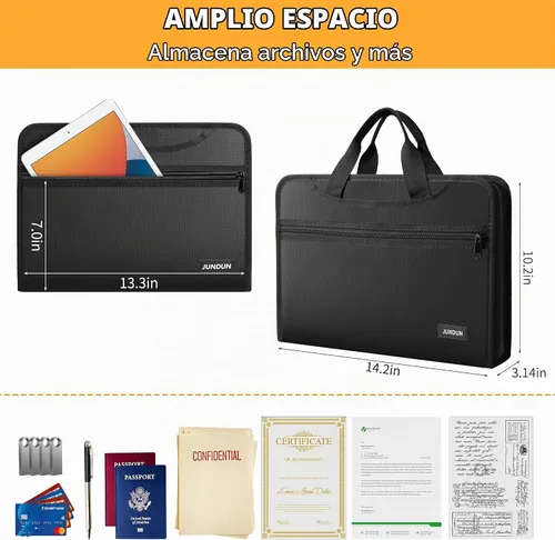 Vista 5 de JUNDUN Organizador de archivos de acordeón con cerradura, organizador de documentos ignífugos con múltiples bolsillos con asa y cremallera, carpeta