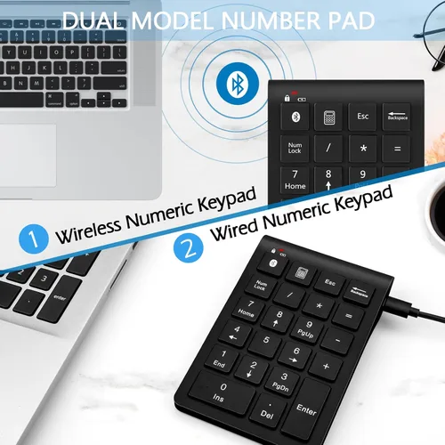 Vista 2 de Foloda Teclado numérico Bluetooth: almohadilla numérica inalámbrica con cable de 22 teclas, extensiones de teclado de entrada de fecha