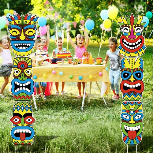 Vista 6 de Letreros grandes de Luau Tiki para patio, 6 piezas con estacas para exteriores, césped, playa, arena, decoraciones de fiesta de verano con temática
