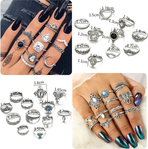 Vista 4 de FIBO STEEL Juego de 101 anillos vintage para nudillos para mujer, apilables, midi, Acero