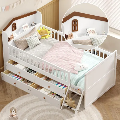 Vista 12 de Cama de plataforma de tamaño individual con cabecera de almacenamiento y luz LED integrada, base de cama de plataforma de madera con barandilla