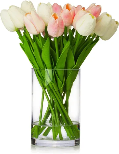 Vista 8 de ENOVA FLORAL 20 cabezas de tulipanes artificiales de tacto real para decoración de mesa de comedor, boda, decoración de granja (verde)