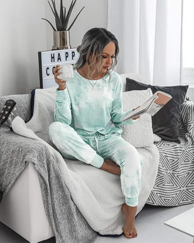 Vista 4 de Prettygarden - Conjunto de pijama para mujer, teñido anudado, de dos piezas, pijama con camiseta de manga larga y pantalón largo, con bolsillos