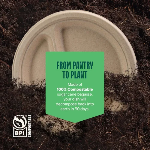 Vista 6 de Platos de papel desechables 100% compostables, 3 compartimentos, [125 unidades] - {Sin PFAS} - {Certificado BPA} - [9 pulgadas] Bandejas seccionales
