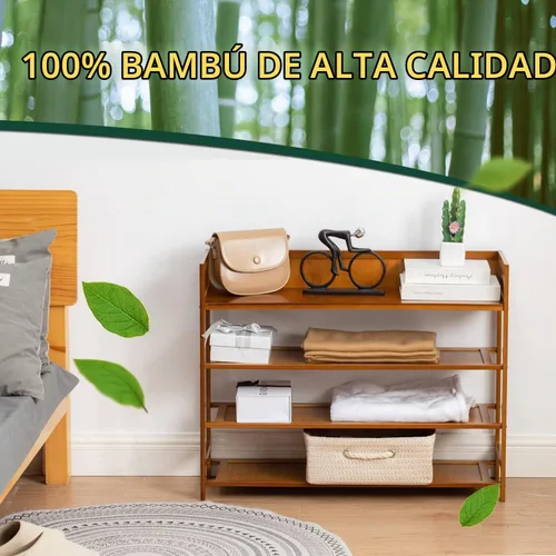 Vista 4 de latifolia Zapatero de bambú, organizador de 4 niveles para entrada, sala de estar (marrón, 31.40 pulgadas de largo)
