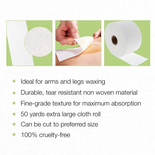 Vista 3 de Clean + Easy Rollo de tiras de cera de tela extra grandes, rollo de depilación no tejido para depilación, tiras de cera de muselina para cuerpo